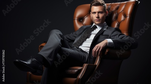 A handsome, confident man in an expensive fashionable suit sits in a stylish leather chair and looks at the camera. The theme of successful life and victories in business.