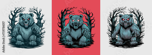 Scary bear in swamp vector illustration, Halloween horror bear T-shirt design. Generative AI