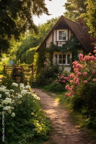 Beautiful old house stands amidst a lush garden with colorful flowers and tall trees.