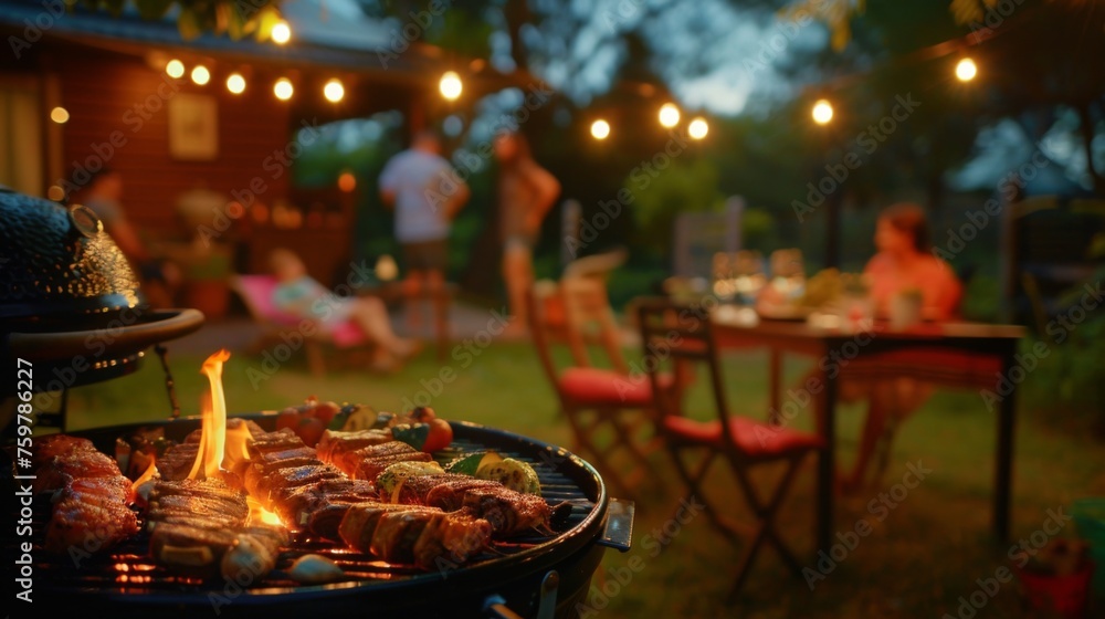 Barbecue parties, with a barbecue grill filled with delicious meats and vegetables
