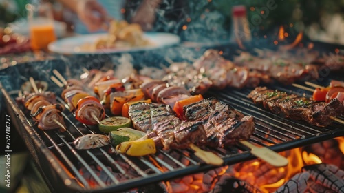 Bright evening barbecue scene with a variety of meats and vegetables