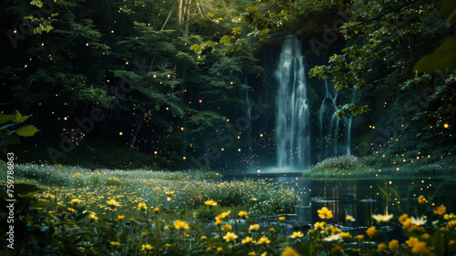 Waterfall landscape in lush green forest, yellow spring flowers in foreground, fireflies all around.Perfect for backgrounds, wallpapers, prints