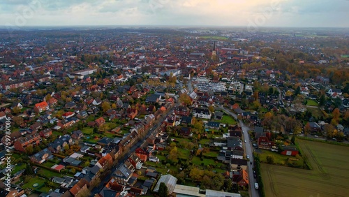 Aerial of the old town in the city Dülmen on an overcast day in autumn in Germany.	