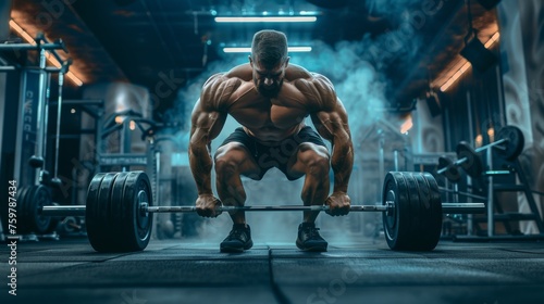 Muscular bodybuilder lifting heavy weights during deadlift in a stylish and modern gym