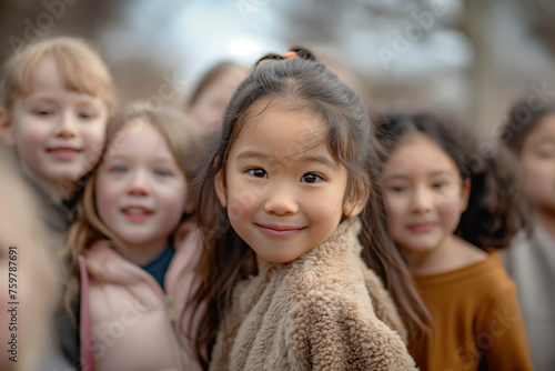 A group of young girls are smiling and posing for a picture. Scene is happy and friendly