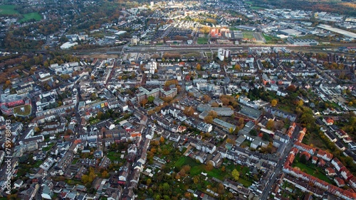 Aerial of the old town in the city Leverkusen on an overcast day in autumn in Germany.	