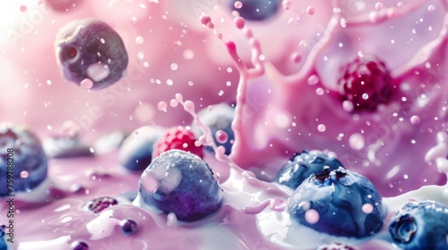 Blueberry pieces falling into milk, with splashes of fruit and milk frozen in motion against a bright, blurry background