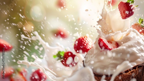 Splashes of fruit and milk frozen in motion on a bright  blurred background