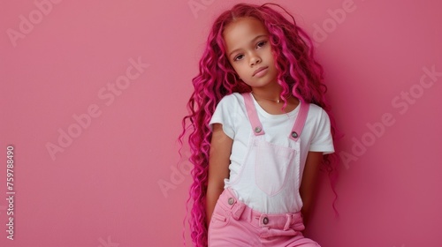 A fashionable stylish young girl showcases her pink colored hair  streaked hair  embodying the playfulness and brightness of youth  self-expression