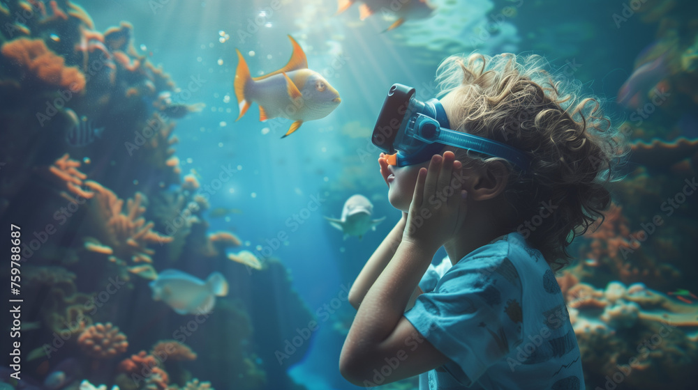 child looking through binoculars underwater discovery. child looking through binoculars underwater discovery.