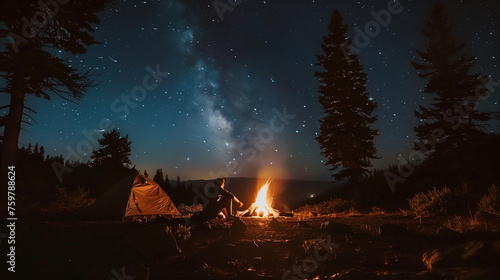 A crackles fire illuminates the night forest landscape under a starry sky