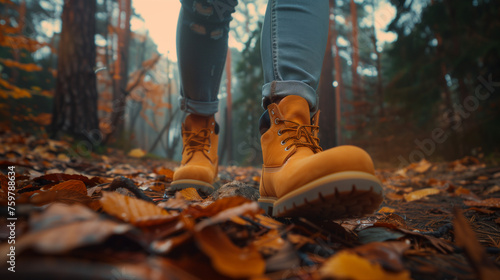 A woman in hiking boots walks on a forest path strewn with yellow autumn leaves