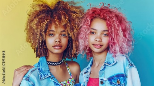 Two trendy teen girl pose with confidence, their unique hairstyles and fashionable attire capturing the essence of urban youth culture