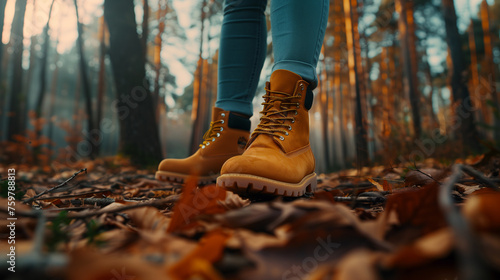 A woman in leather boots walks through a forest of colorful leaves in fall