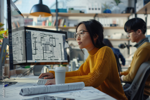 Asian man and woman in yellow sweater with glasses working on computer, discussing project at office desk near blueprints