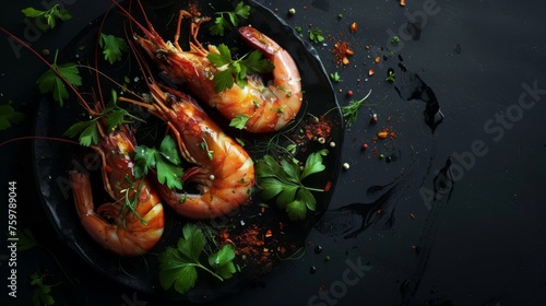Juicy shrimp combined with aromatic herbs on black background