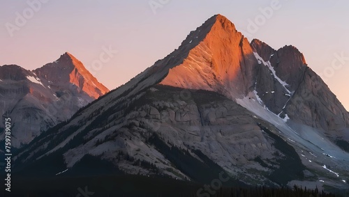 A rocky mountain peak kissed by the first light of dawn.