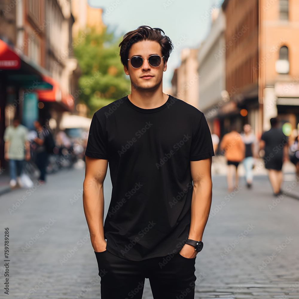 Fototapeta premium Male Model in Black Shirt in the City - Generative AI