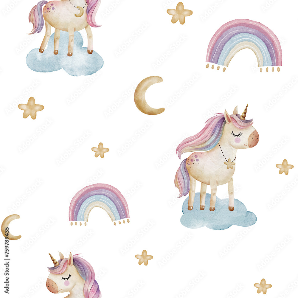 Seamless pattern with cute cartoon unicorns, rainbows, clouds and stars. watercolor illustration Seamless pattern with cute cartoon unicorns, rainbows, clouds and stars. watercolor illustration