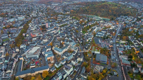 Aerial of the old town in the city Siegen on an overcast day in autumn in Germany.	