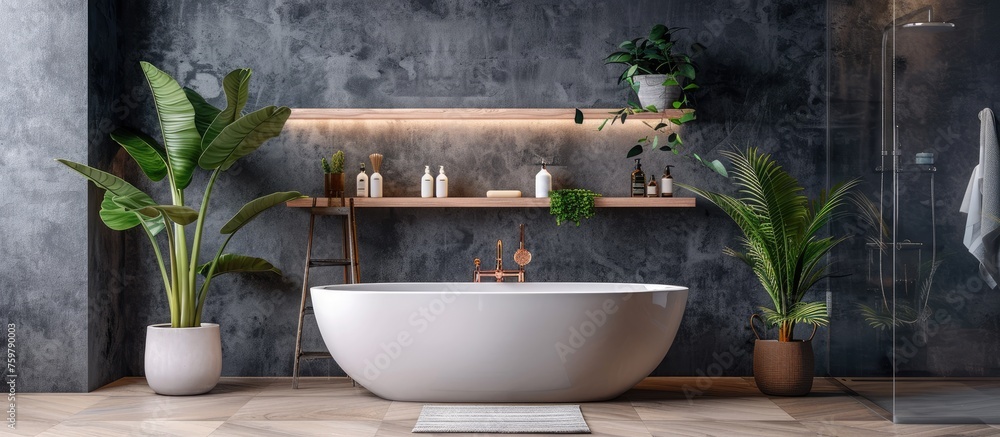 Modern bathroom with bathtub and shower cabin, displaying beauty products on shelf Modern bathroom with bathtub and shower cabin, displaying beauty products on shelf