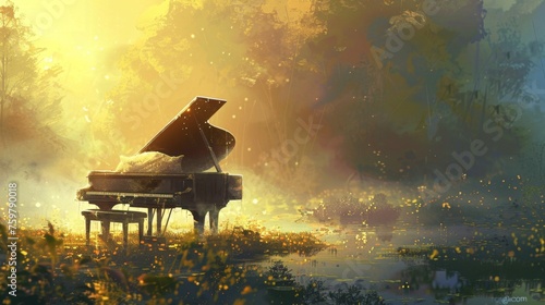 Enchanted Piano in a Misty Forest, Perfect for Music and Fantasy-Themed Designs