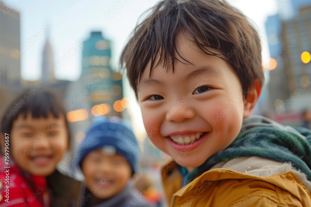 boy children are smiling and wearing jackets. Scene is happy and cheerful boy children are smiling and wearing jackets. Scene is happy and cheerful