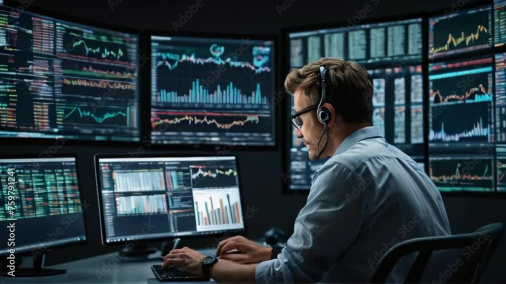 A person sitting at a sleek modern desk, surrounded by computer screens displaying stock market data and financial charts, while holding a tablet showing a diversified portfolio of stocks and bonds A person sitting at a sleek modern desk, surrounded by computer screens displaying stock market data and financial charts, while holding a tablet showing a diversified portfolio of stocks and bonds