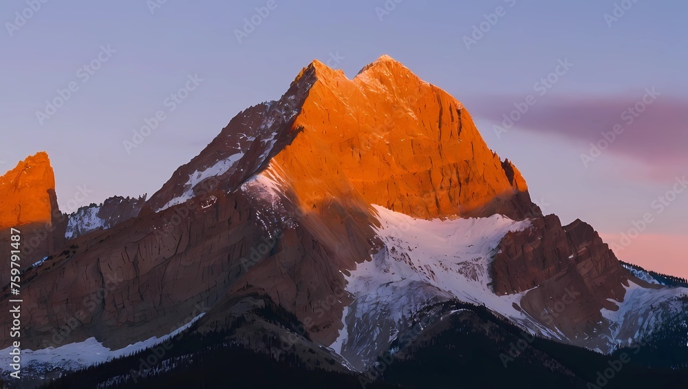 A rocky mountain peak kissed by the first light of dawn.