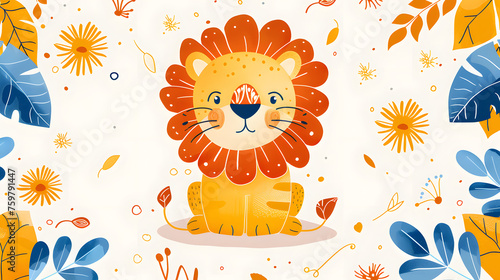 A cute little lion, cartoon pattern for children's clothes, decorative elements scattered around the lion, flat drawing