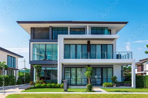 Modern house exterior design in the village of Thailand with blue sky, green grass and trees background, real estate concept