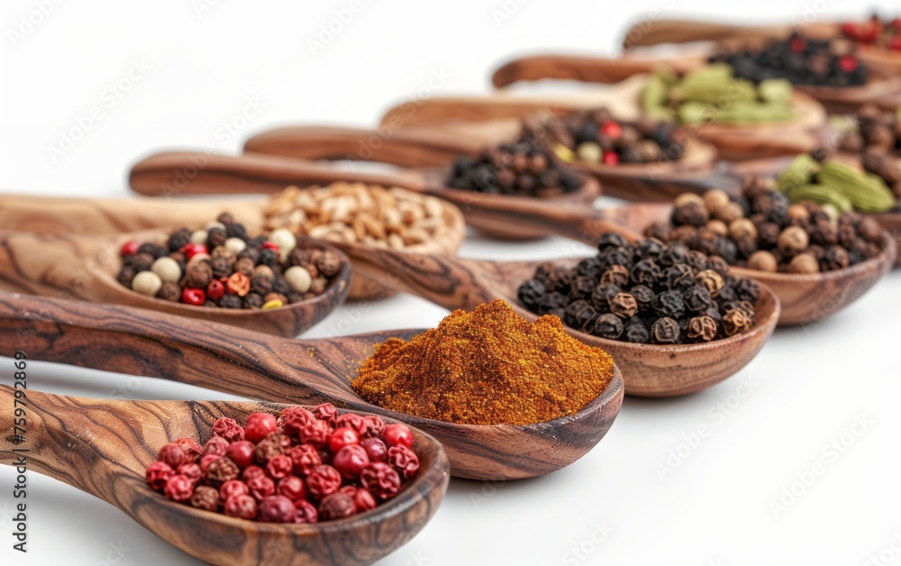 Collection of Spices in Wooden Spoon Array Collection of Spices in Wooden Spoon Array