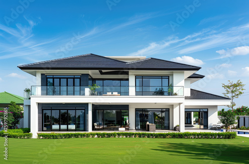 Modern house exterior design in the village of Thailand with blue sky, green grass and trees background, real estate concept © Kien