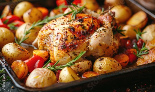 a roast chicken with potatoes and vegetables