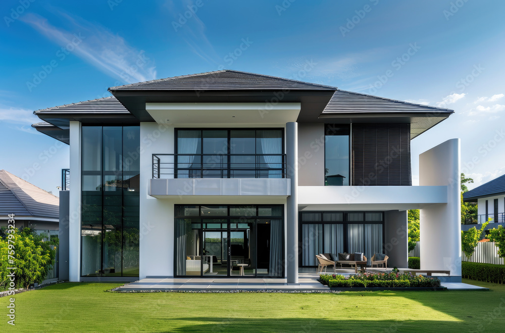 Modern house exterior design in the village of Thailand with blue sky, green grass and trees background, real estate concept