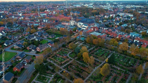  Aerial view around the old town of the city Ahaus on a cloudy day in autumn in Germany.