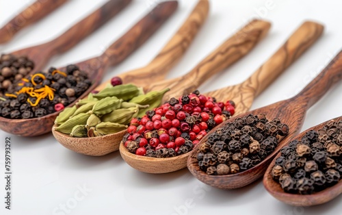 Variety of Spices Displayed in Wooden Spoons