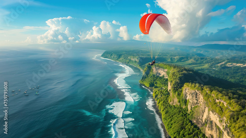 Paragliding in the sky. Paraglider tandem flying over the sea with blue water and mountains in bright sunny day. Aerial view of paraglider