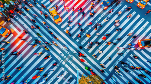 Realistic bird's eye view of a busy intersection in a Japanese metropolis