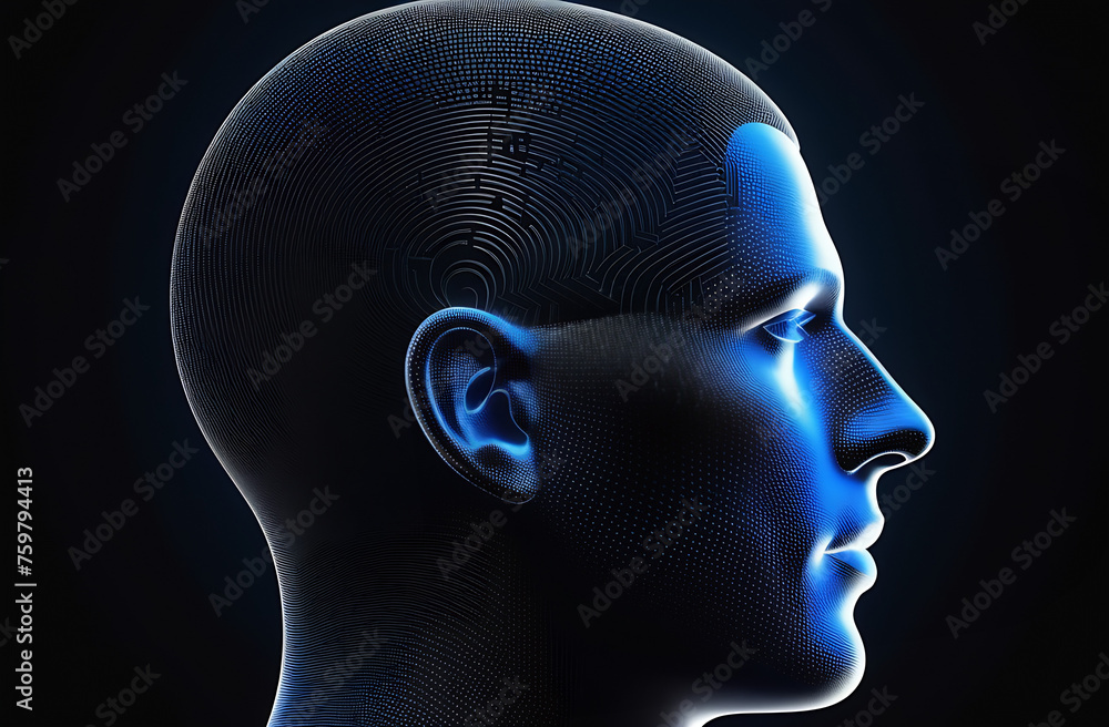 A graphic illustration of a human head silhouette in profile view with ...