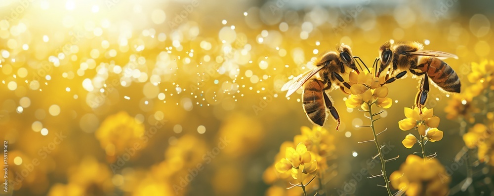 Close up bee flies near a flower collecting nectar in spring created by ai - obrazy, fototapety, plakaty 