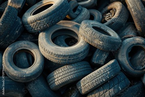 Large stack of old tires on top of another pile of tires, environmental waste and recycling concept