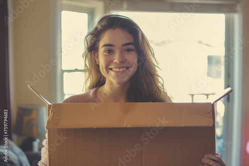 photo of a young and smiling woman holding an empty moving box, looking forward to move to here first own appartment
