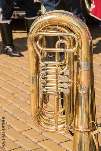 Canvas Print Tuba brass musical wind instrument outdoor at parade in sunny closeup