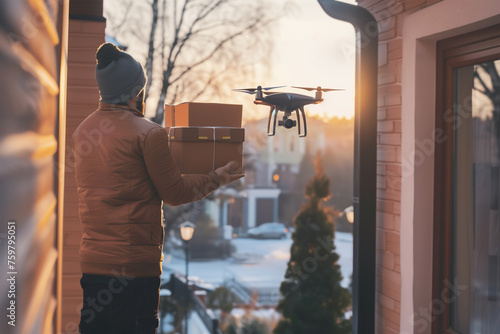 Man receiving package parcel box from delivery drone. Generative AI image.