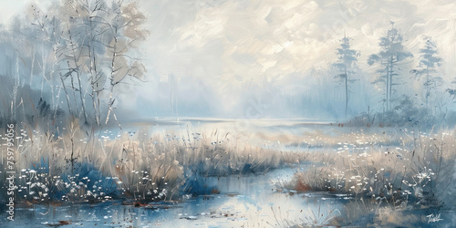 Misty River Landscape with Trees, Fog, Blue Sky, and White Flowers in Oil Painting