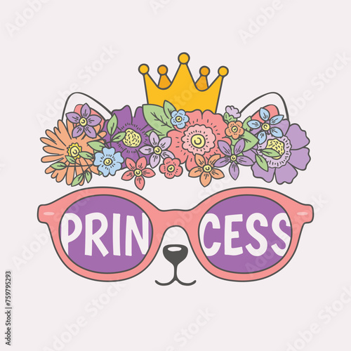 Princess slogan text, cute cat girl face with wreath, crown, sunglasses