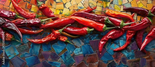 Red chili peppers with colorful tiles