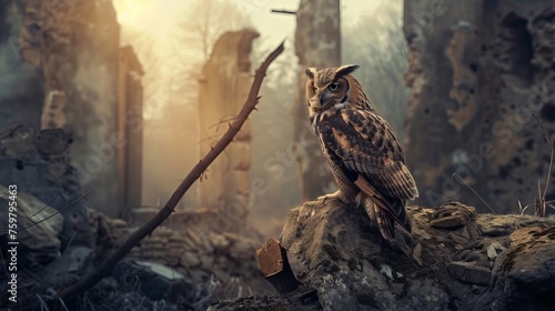 Majestic Owl Perched Amidst Crumbling Ancient Ruins at Dawn: A Serene Guardian Observing Time’s Forgotten Remnants