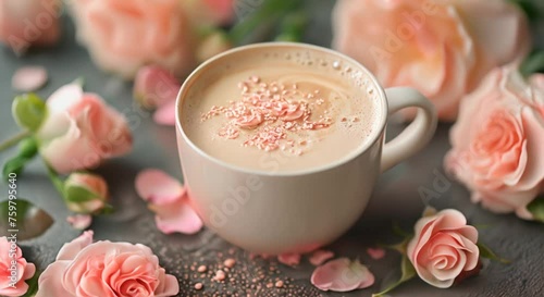 Rose latte, floral art, elegant afternoon tea photo